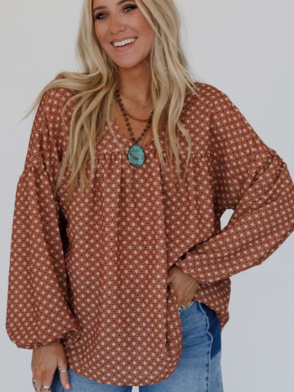 Three Bird Nest Rust Floral Peasant Blouse